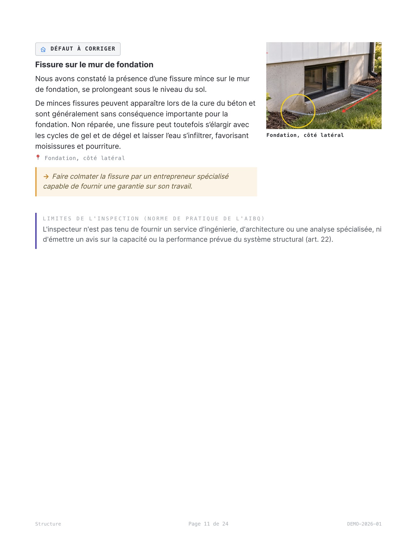 Page de constat du rapport DEMO-2026-01